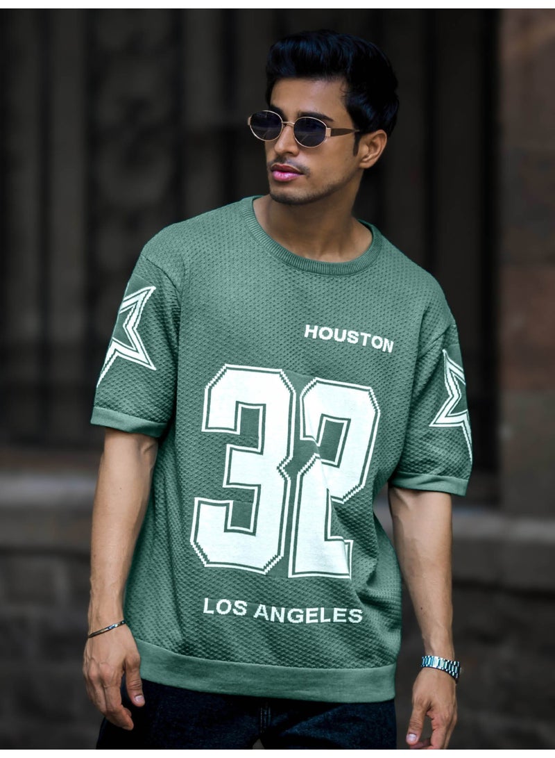 Maniac Mens Printed Round Neck Half Sleeve Green and White Flat Knit Oversized Fit T-Shirt - Image 4