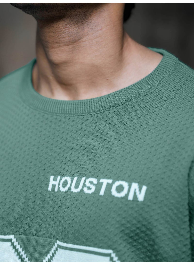 Maniac Mens Printed Round Neck Half Sleeve Green and White Flat Knit Oversized Fit T-Shirt - Image 5