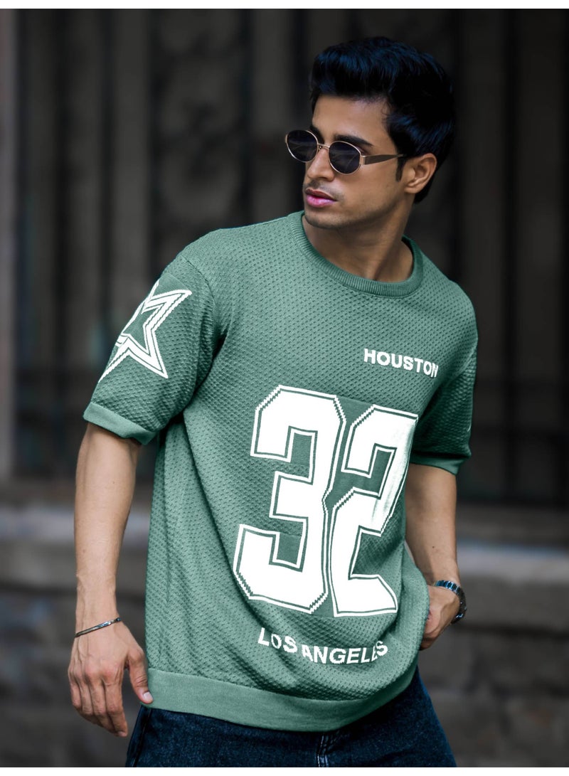 Maniac Mens Printed Round Neck Half Sleeve Green and White Flat Knit Oversized Fit T-Shirt - Image 2