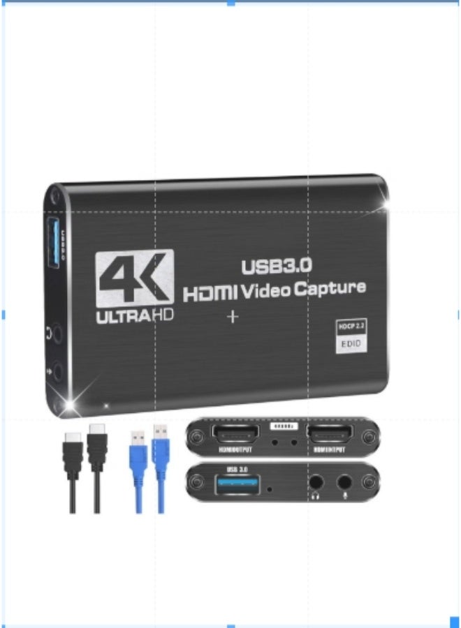 أنمي بطاقة كابشر محمولة لالتقاط الفيديو والصوت 4K USB 3.0 1080P HDMI بسرعة 60 اطارا في الثانية، محول كابشر للالعاب والبث المباشر والعروض التعليمية واجهزة العاب PS4 XBOX