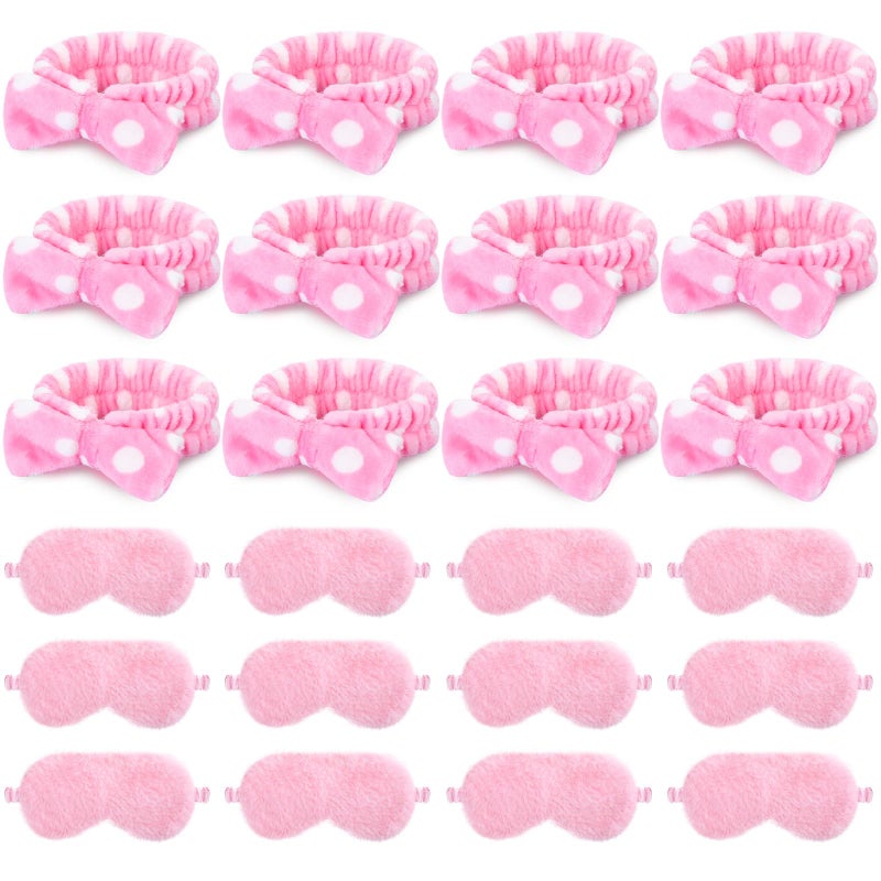 Maiteenly 24 Pieces Sleepover Party Favors Spa Headband Sleep Eye Mask Bulk Pink Headband for Washing Face Bow Makeup Eye Mask for Spa Birthday, Bachelorette Party, Slumber Wedding - Image 1