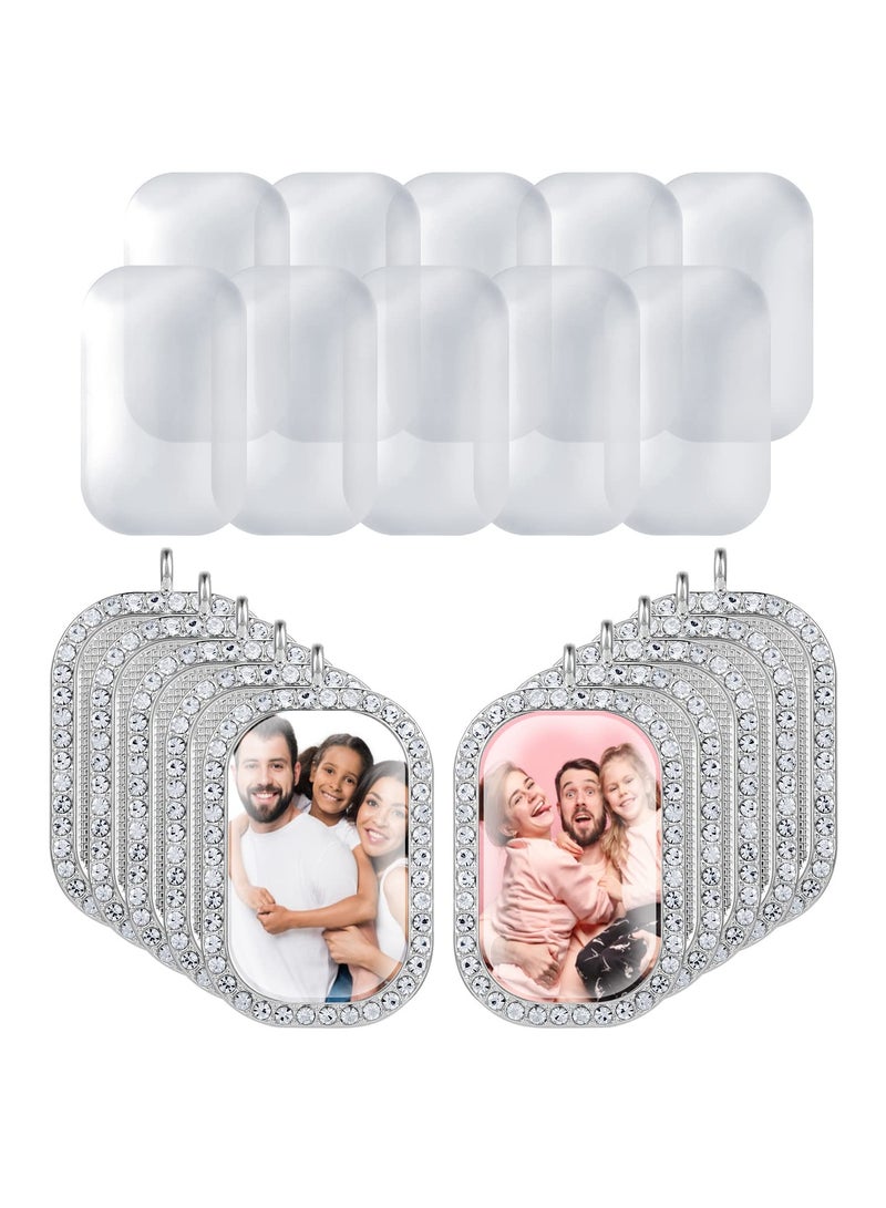 KASTWAVE Sublimation Rhinestone Bezel Tray Set, 10 Pcs Bezel Pendant Blanks Settings, Rhinestone Bezels Pendant Trays and 10 Glass Cabochons Rhinestone Blank Pendant Photo Charms for Jewelry Making DIY - Image 1