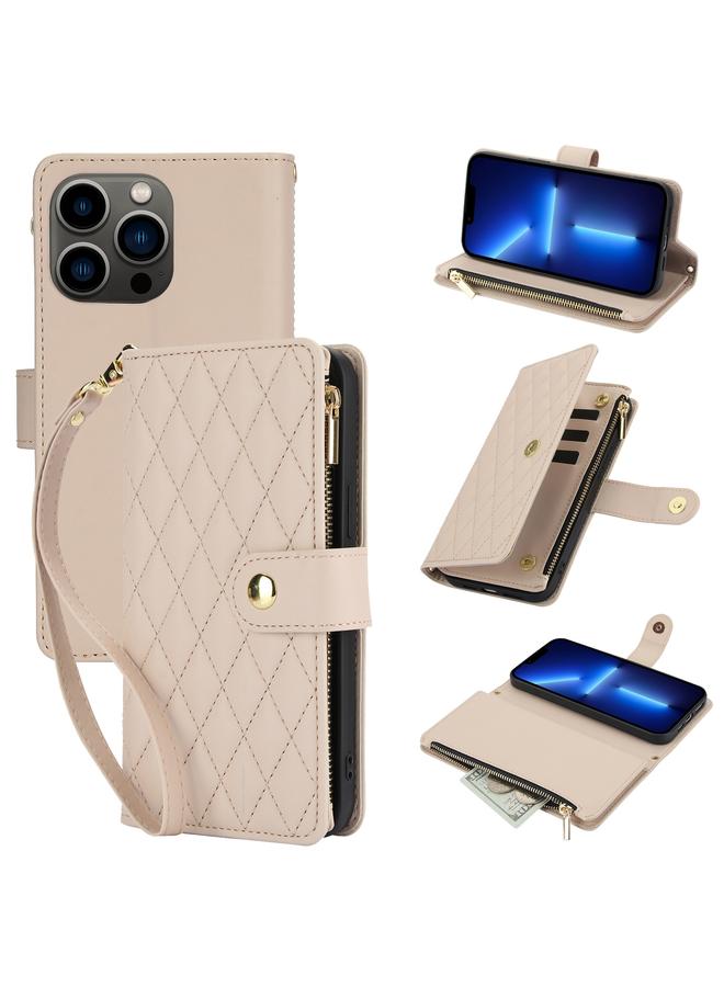 S-TOP Case For iPhone 13 Pro YM016 Rhombic Zipper Card Wallet Leather Phone Case with Lanyard - Image 1