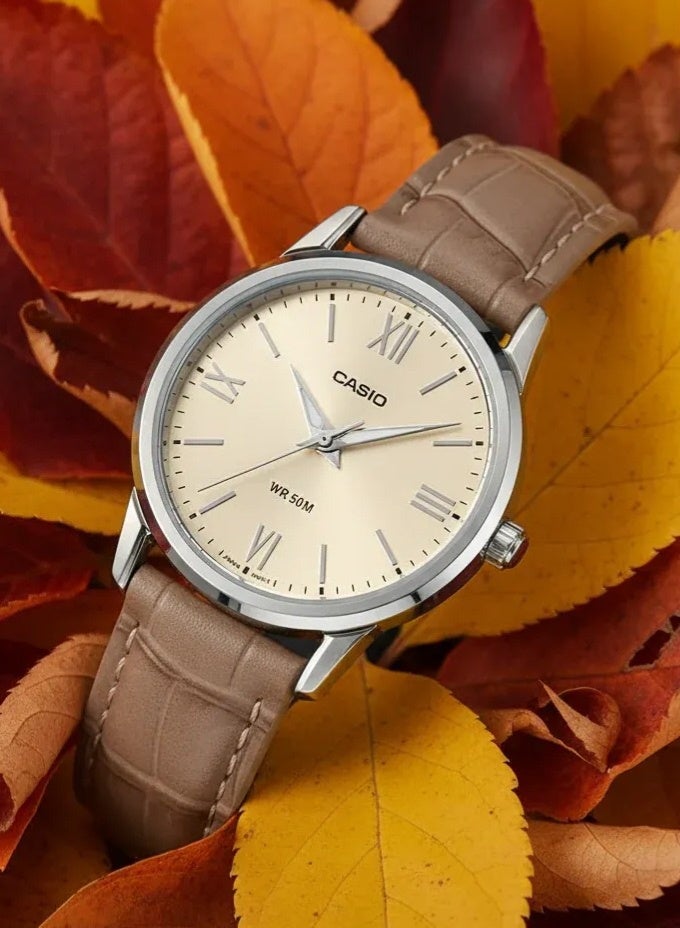 كاسيو Enticer Analog Women’s Watch LTP‑1303LL‑7AVDF, 35.5mm Champagne Dial, Ion‑Plated Stainless Steel Case & Black Genuine Leather Band, 50 m WR - Image 1