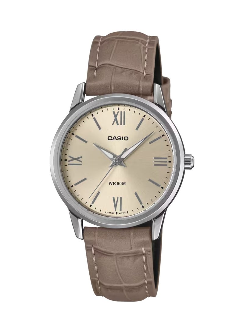 كاسيو Enticer Analog Women’s Watch LTP‑1303LL‑7AVDF, 35.5mm Champagne Dial, Ion‑Plated Stainless Steel Case & Black Genuine Leather Band, 50 m WR - Image 2