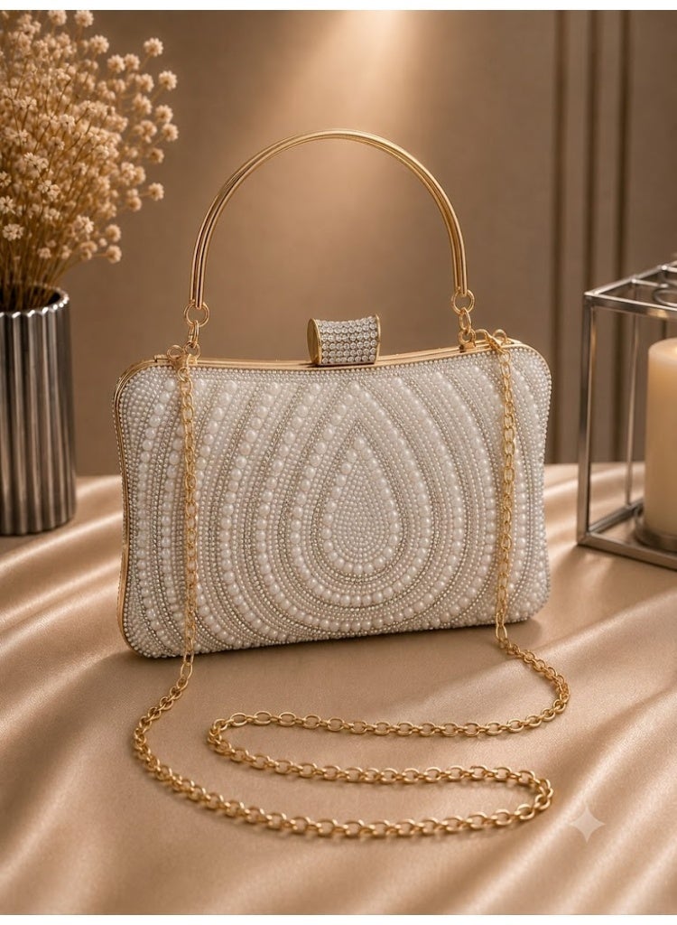 Women's Crystal & Pearl Evening Clutch Bag – Handbag and Crossbody Purse with Metal Handle for Parties & Special Occasions - Image 1