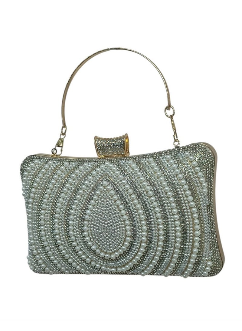 Women's Crystal & Pearl Evening Clutch Bag – Handbag and Crossbody Purse with Metal Handle for Parties & Special Occasions - Image 2