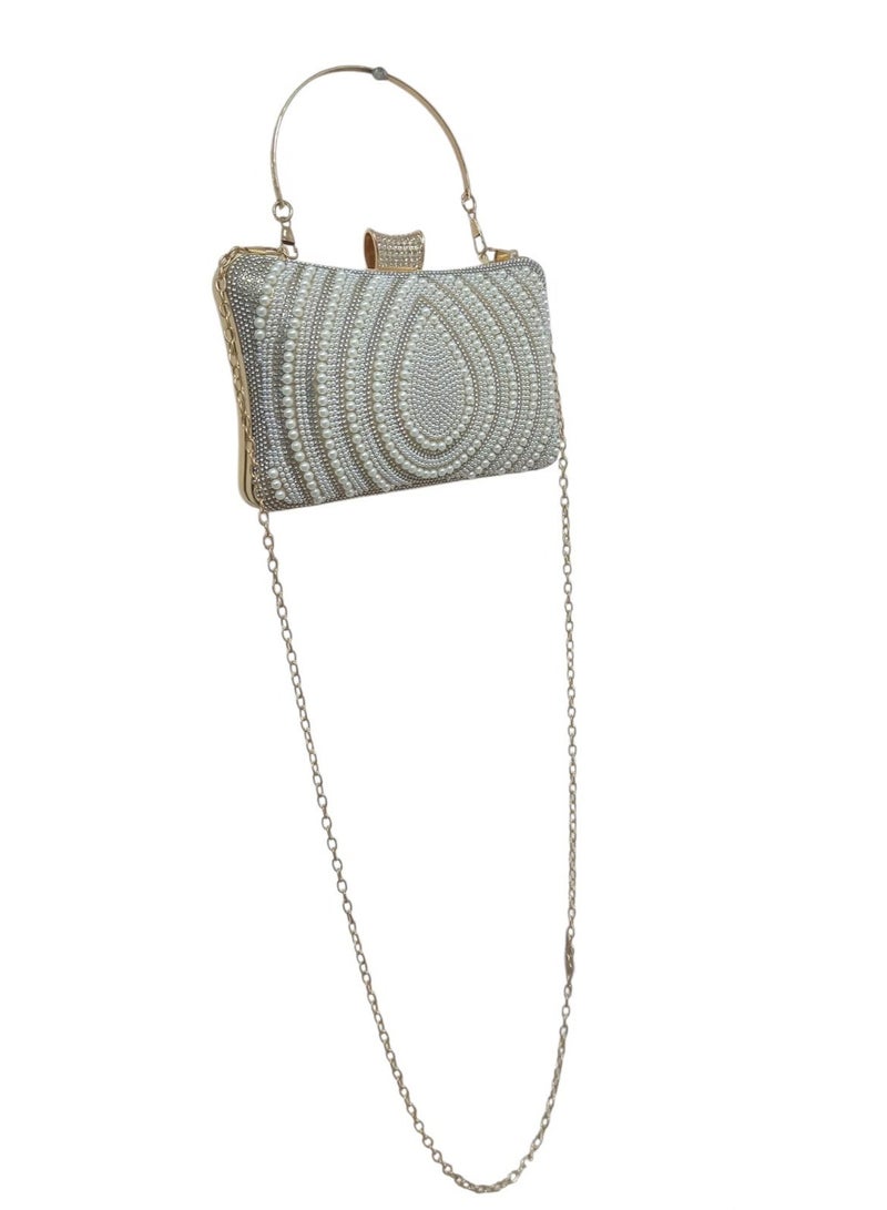 Women's Crystal & Pearl Evening Clutch Bag – Handbag and Crossbody Purse with Metal Handle for Parties & Special Occasions - Image 4