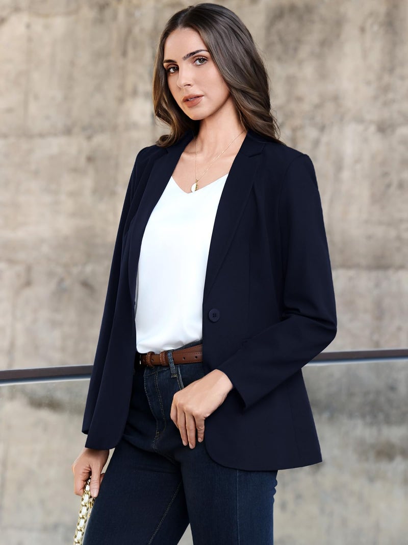 Kelyaa Womens One Button Blazer Casual Open Front Long Sleeve Suit Jackets Business Work Office Blazers with Pockets Navy - Image 4