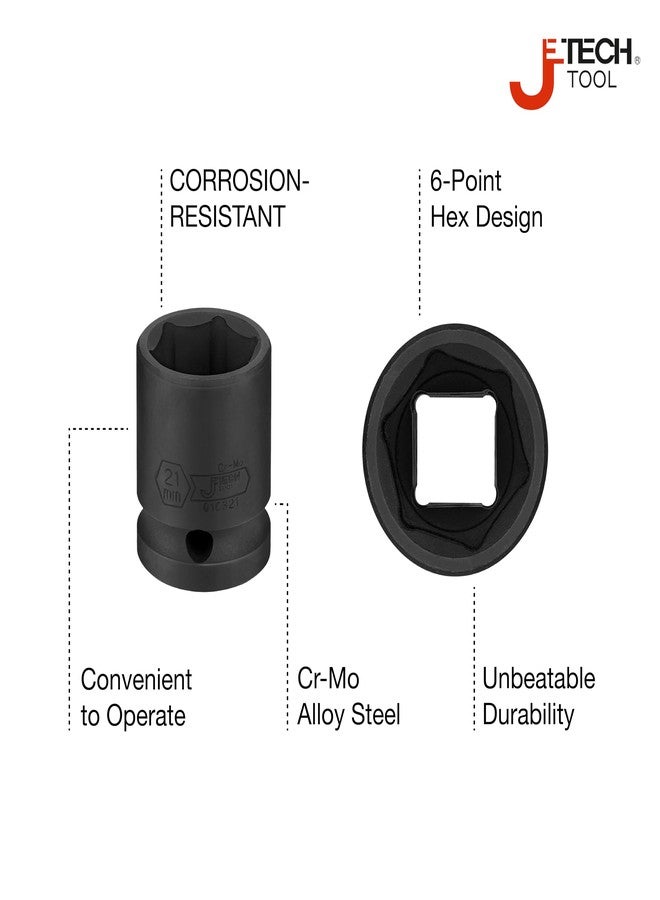 JETECH 1/2 Inch Drive 21mm Standard Impact Socket, Chrome Molybdenum Alloy Steel, 6-Point Design, Metric - Image 2