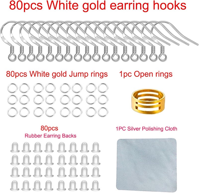 DIYEAR White Gold Earring Hooks, 80 PCS/40 Pairs Ear Wires Fish Hooks, 240pcs Hypoallergenic Earring Making kit with Jump Rings and Clear Silicone Earring Backs Stoppers - Image 2