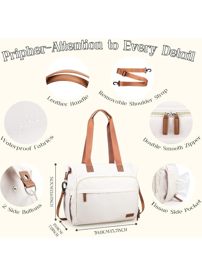 Pripher 4 in 1 Diaper Bag Backpack, Diaper Bag Backpack for Baby, Travel Diaper Bag Converts into Backpack with Shoulder Straps, Mom Bag for Hospital with 14 Pockets-3 Insulated Pockets White&Beige - Image 3