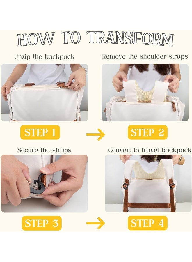 Pripher 4 in 1 Diaper Bag Backpack, Diaper Bag Backpack for Baby, Travel Diaper Bag Converts into Backpack with Shoulder Straps, Mom Bag for Hospital with 14 Pockets-3 Insulated Pockets White&Beige - Image 5