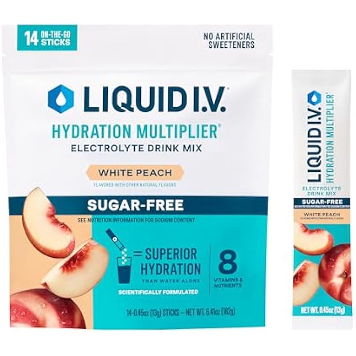 Liquid I.V. سائل I.V.® مضاعف الترطيب خالي من السكر - خوخ أبيض | مسحوق مشروب إلكتروليت | 1 عبوة (14 حصة) - Image 1