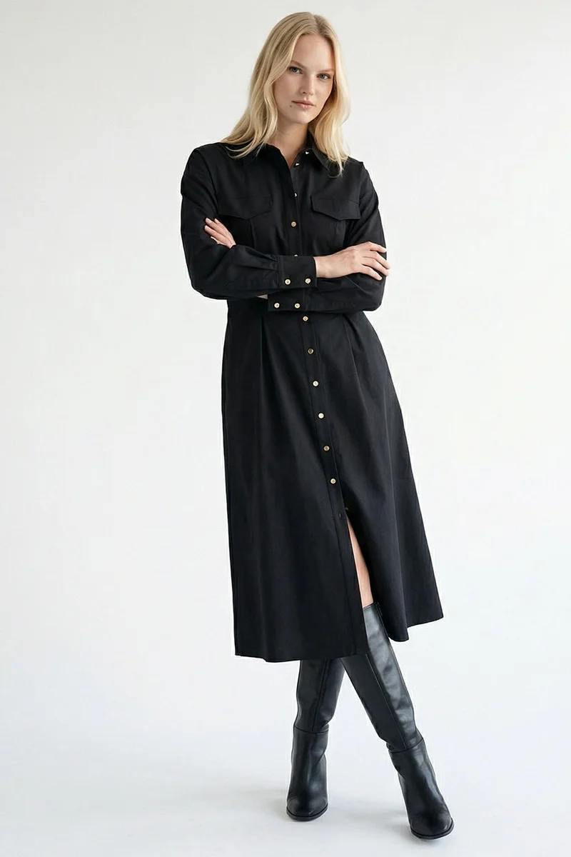 EXQUISE Shirt Collar Long Sleeve Pocketed Regular Buttoned Black Midi Dress