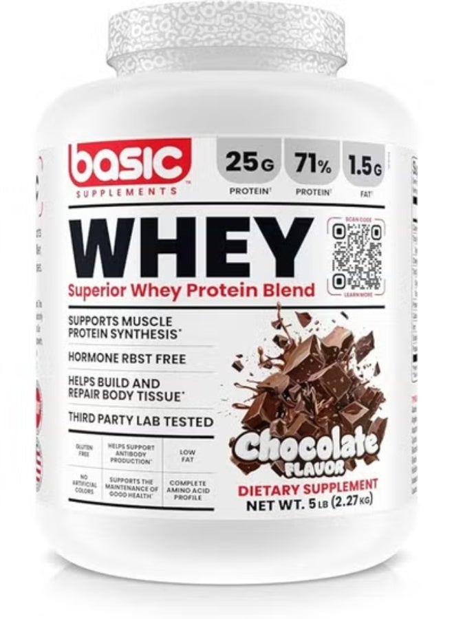 Basic Supplement Whey Protein Powder, 25g Protein, Complete Amino Acid Profile, Gluten-Free, Low Fat, RBST-Free, Supports Muscle Recovery & Antibody Health (5LB, Chocolate) - Image 1