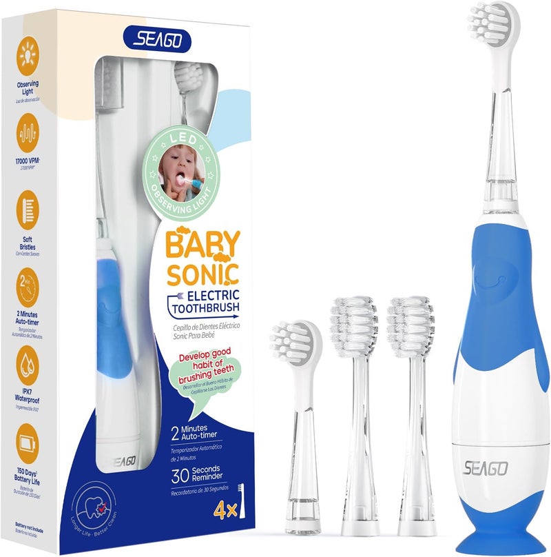 Seago Toddler Electric Toothbrushes for Baby Ages 0-3 Years, Baby Toothbrush with Smart Timer and Suction Base, 4 Replacement Brush Heads SG-513 - Image 1