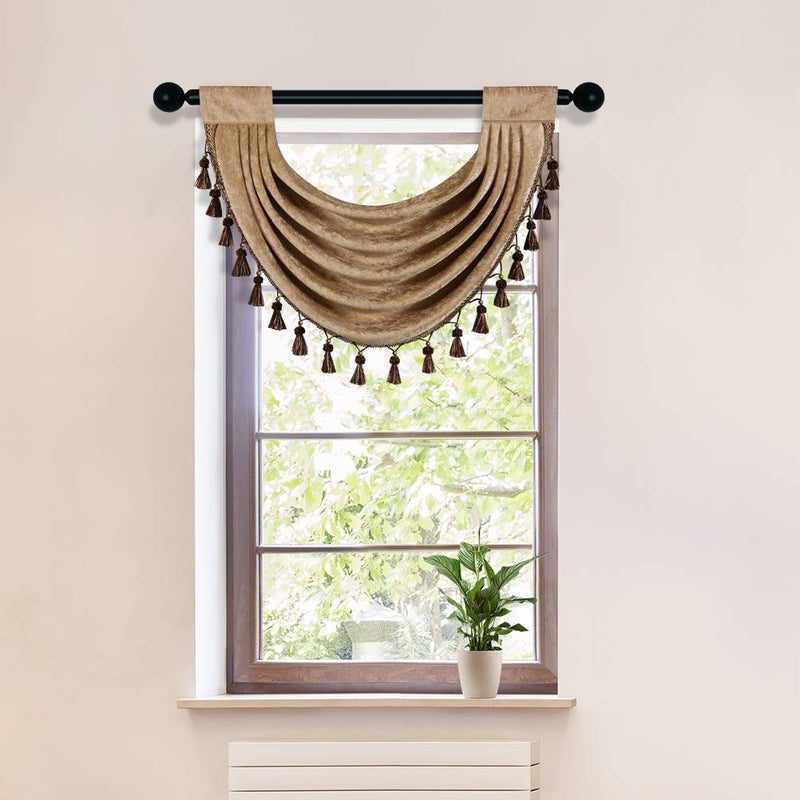 ELKCA ELKCA Coffee Thick Chenille Waterfall Swag Valance for Living Room Kitchen Valance CurtainsPack of 1Coffee 30 W x 22 L 