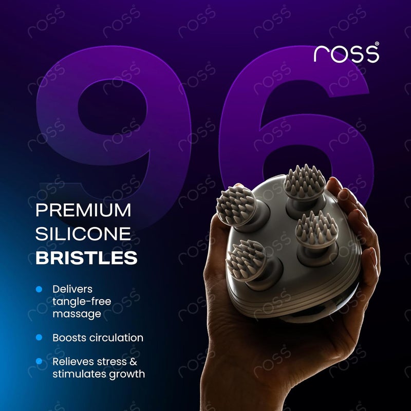 ROSS Rechargeable Scalp Massager for Hair Growth & Stress Relief | 4 Rotating Nodes with 96 Silicone Kneading Points | Electric Waterproof Head, Scalp & Body Massager | Cordless & USB Type-C Charging - Image 4