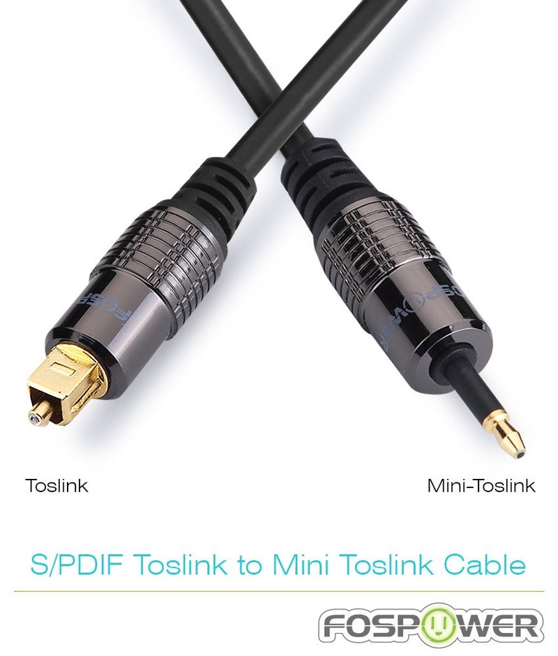 FosPower 24K Gold Plated Toslink to Mini Toslink Digital Fiber Optical S/PDIF Audio Cable with Metal Connectors & Strain-Relief PVC Jacket - 10ft - Image 2