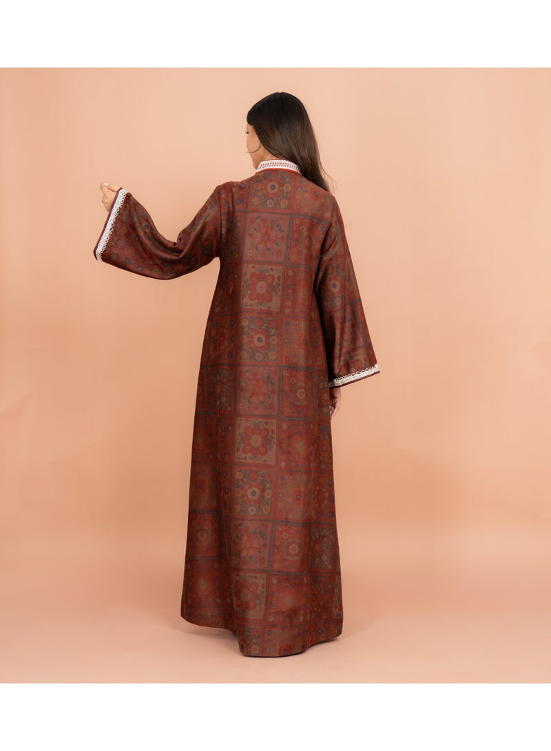 اكسا جلابية شتوية مستقيمة بياقة ماندرين وتطريز أبيض أحمر - Image 4