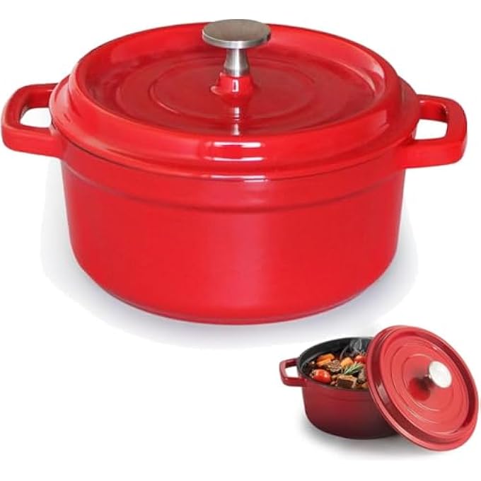 rayihni Enamelled Cast Iron Dutch Oven With Lid And Dual Handles NonStick Round Casserole Pot Heavy Duty Enamel Coated Cookware Easy Clean For Braising Stews Roasting Bread Baking Red - Image 1