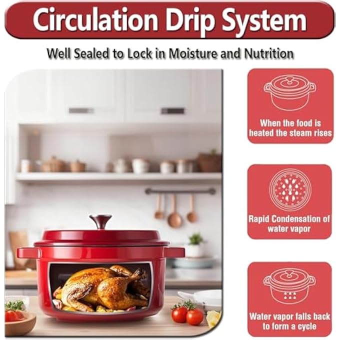 rayihni Enamelled Cast Iron Dutch Oven With Lid And Dual Handles NonStick Round Casserole Pot Heavy Duty Enamel Coated Cookware Easy Clean For Braising Stews Roasting Bread Baking Red - Image 4