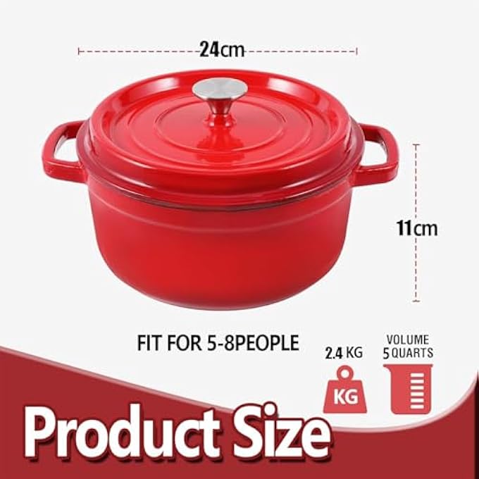 rayihni Enamelled Cast Iron Dutch Oven With Lid And Dual Handles NonStick Round Casserole Pot Heavy Duty Enamel Coated Cookware Easy Clean For Braising Stews Roasting Bread Baking Red - Image 3