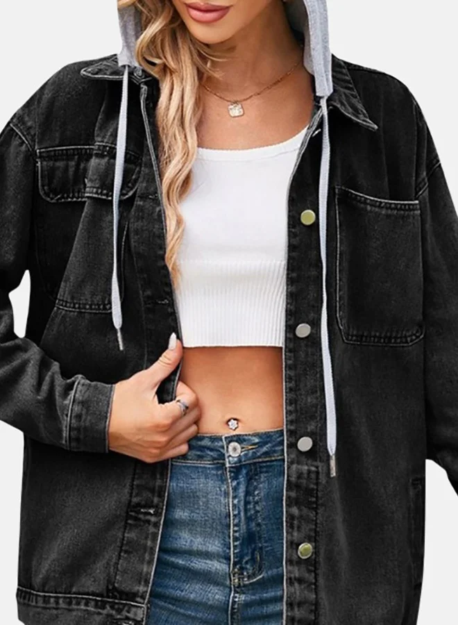 YUNIQEE Black Hooded Long Sleeve Denim Jacket