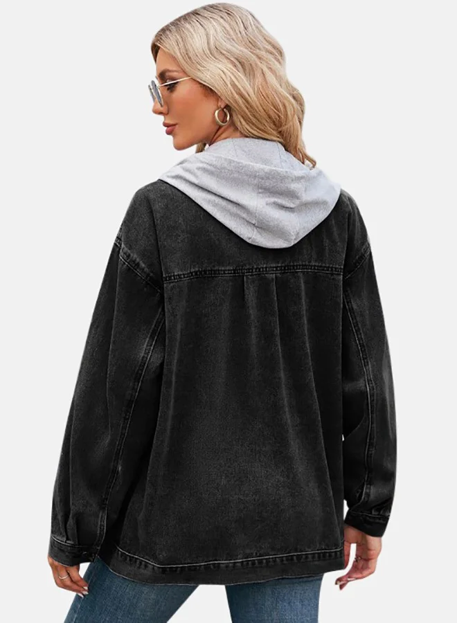 YUNIQEE Black Hooded Long Sleeve Denim Jacket
