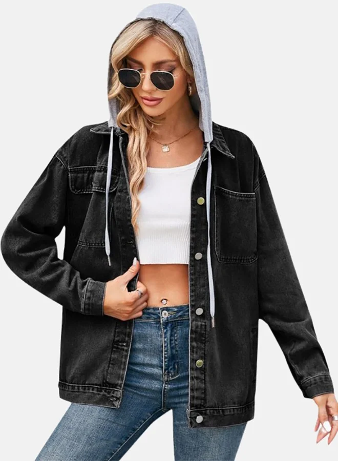 YUNIQEE Black Hooded Long Sleeve Denim Jacket