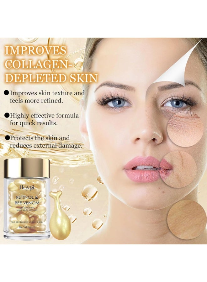 Hoygi سيروم الريتينول مع سم النحل، كبسولات سيروم الليل لتنعيم الخطوط، مرطب مشدود، فعال ضد التجاعيد وحب الشباب - نباتي، بدون ألوان وعطور، لجميع أنواع البشرة - Image 5