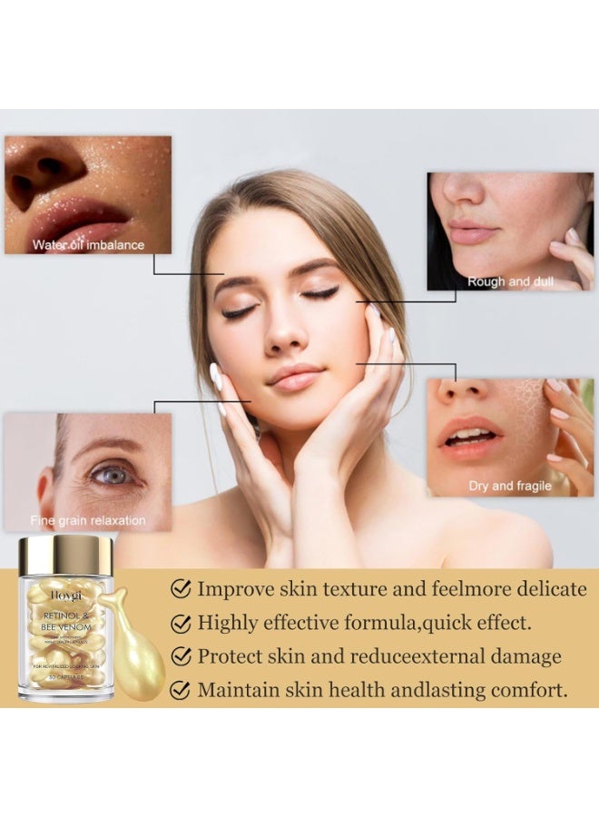 Hoygi سيروم الريتينول مع سم النحل، كبسولات سيروم الليل لتنعيم الخطوط، مرطب مشدود، فعال ضد التجاعيد وحب الشباب - نباتي، بدون ألوان وعطور، لجميع أنواع البشرة - Image 3