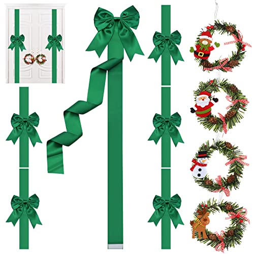 Ysleen 6 Pcs Christmas Cabinet Ribbon Bows Festive Large Xmas Bows and 4 Pcs Christmas Pine Wreath with Snowman Santa Claus Artificial Xmas Front Door Wreath for Winter PartyGreen - Image 1