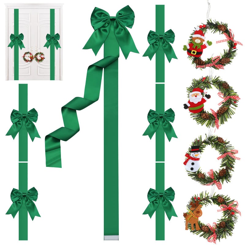 Ysleen 6 Pcs Christmas Cabinet Ribbon Bows Festive Large Xmas Bows and 4 Pcs Christmas Pine Wreath with Snowman Santa Claus Artificial Xmas Front Door Wreath for Winter PartyGreen - Image 2