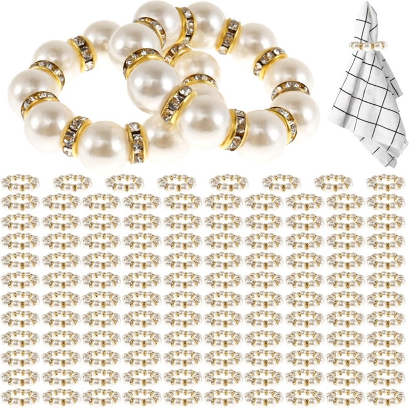 120 Pcs Gold Napkin Rings, Imitation Pearl Napkin Ring Set, Disposable White & Gold Beaded Napkins Rings for Wedding Party Home Reunion Table Decorations