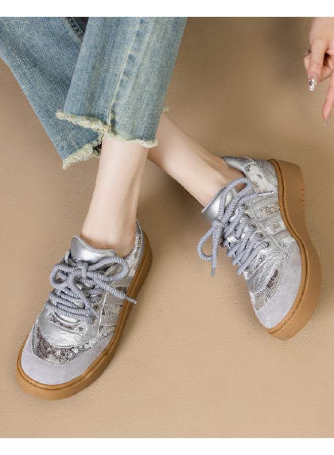 Goldlion Counter-same Style, Fashionable Sequin Panel Sneakers, Casual Sports Shoes For Women, Round Toe Retro Leisure Shoes - Image 1