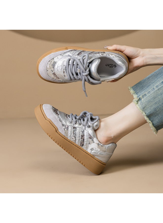 Goldlion Counter-same Style, Fashionable Sequin Panel Sneakers, Casual Sports Shoes For Women, Round Toe Retro Leisure Shoes - Image 3