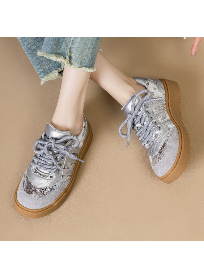 Goldlion Counter-same Style, Fashionable Sequin Panel Sneakers, Casual Sports Shoes For Women, Round Toe Retro Leisure Shoes - Image 2