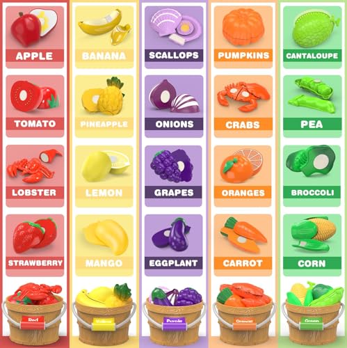 MOEAWS Cutting Play Food Toys for Kids Pretend Play Kitchen Accessories Cutting Food Sorting Toy Fake FruitsVegetables Set with Shopping Storage Basket Plastic Board and Knife Birthday Gift - Image 5