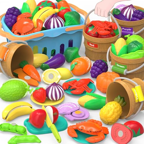 MOEAWS Cutting Play Food Toys for Kids Pretend Play Kitchen Accessories Cutting Food Sorting Toy Fake FruitsVegetables Set with Shopping Storage Basket Plastic Board and Knife Birthday Gift - Image 1