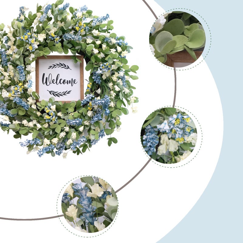 CIR OASES Artificial Blue Wreath for Front Door, 20 inch Artificial Leaves and White Flowers Wreath with Welcome Sign, Spring Greenery Wreaths for Front Door Wall Window Festival Decor - Image 2