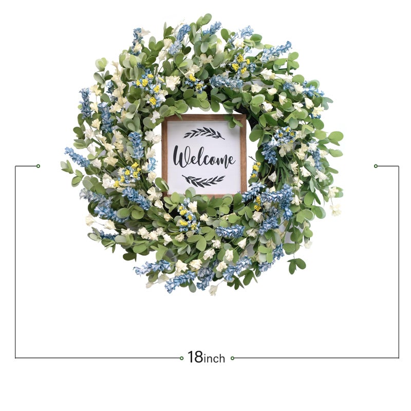 CIR OASES Artificial Blue Wreath for Front Door, 20 inch Artificial Leaves and White Flowers Wreath with Welcome Sign, Spring Greenery Wreaths for Front Door Wall Window Festival Decor - Image 3