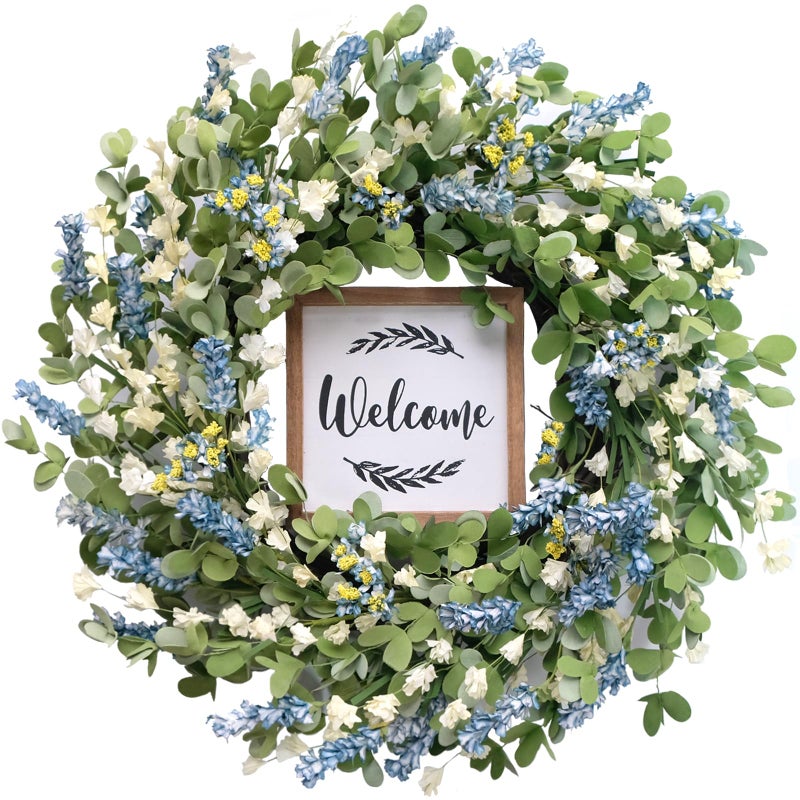 CIR OASES Artificial Blue Wreath for Front Door, 20 inch Artificial Leaves and White Flowers Wreath with Welcome Sign, Spring Greenery Wreaths for Front Door Wall Window Festival Decor - Image 1