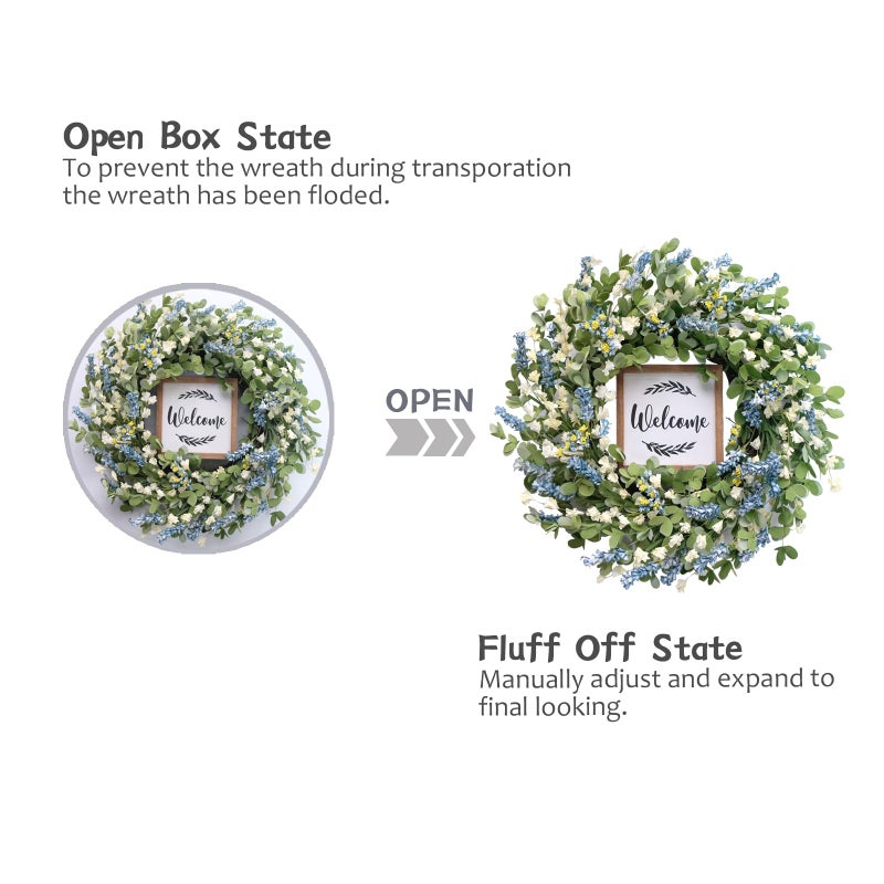 CIR OASES Artificial Blue Wreath for Front Door, 20 inch Artificial Leaves and White Flowers Wreath with Welcome Sign, Spring Greenery Wreaths for Front Door Wall Window Festival Decor - Image 4
