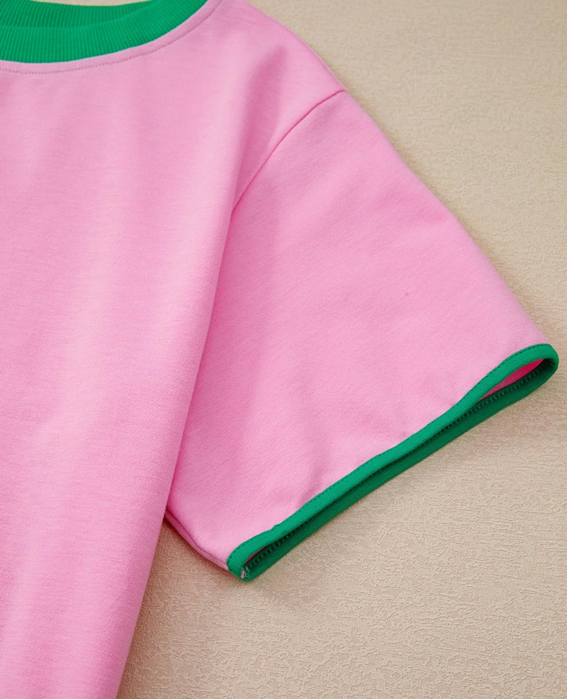 SELINK Lounge Sets for Women 2 Piece Skirt Colorblock Drop Shoulder T Shirt and Skort Set Summer Tracksuits Pink-M - Image 4
