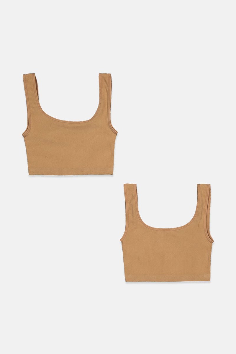 XOXO Women 2,Packs Ribbed Seamless Crop Top Bra, Blush Brown - Image 1