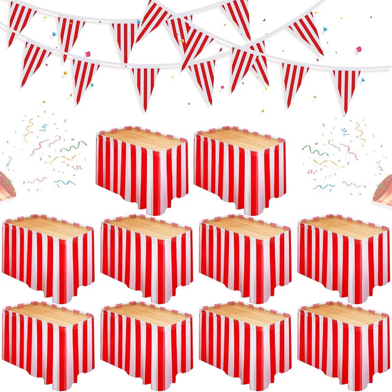Tegeme 15 Pack Carnival Table Skirt Red and White Striped Table Skirts 165 x 30 Inches Disposable Carnival Tablecloth Decorations with Red and White Striped Pennant, Circus Theme Party Supplies - Image 1