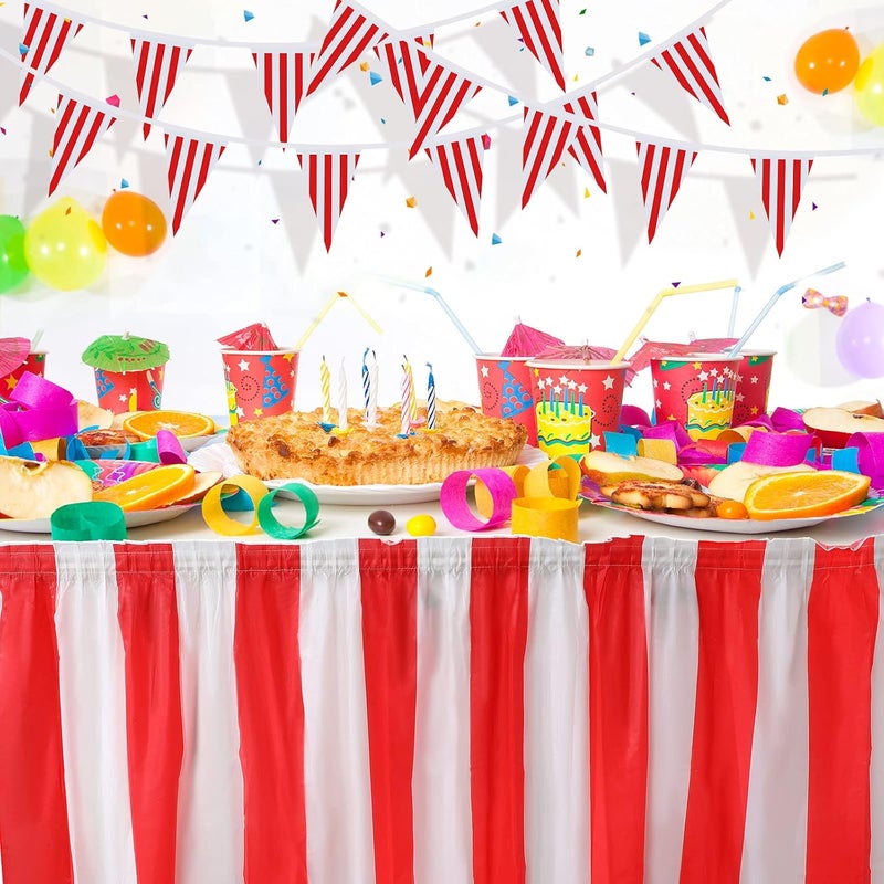 Tegeme 15 Pack Carnival Table Skirt Red and White Striped Table Skirts 165 x 30 Inches Disposable Carnival Tablecloth Decorations with Red and White Striped Pennant, Circus Theme Party Supplies - Image 5