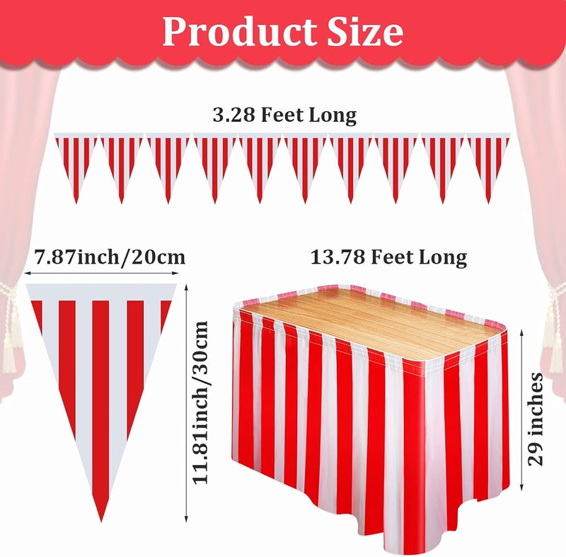 Tegeme 15 Pack Carnival Table Skirt Red and White Striped Table Skirts 165 x 30 Inches Disposable Carnival Tablecloth Decorations with Red and White Striped Pennant, Circus Theme Party Supplies - Image 3